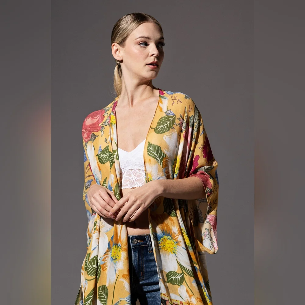 Soft & Silky Kimono - Colorful Floral Print - Dark Floral Border - Lightweight - Picture 5 of 7